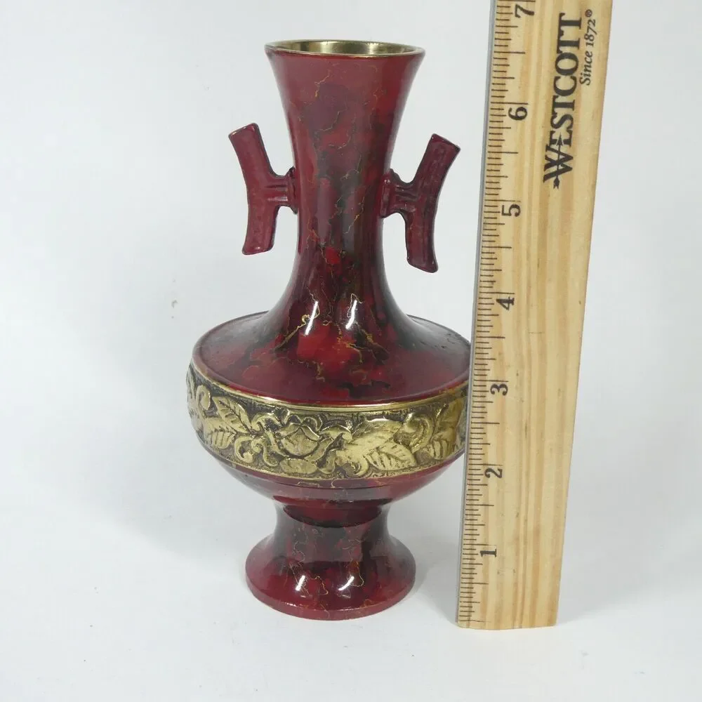 Brass Vase Red Marbled Enamel Vintage 6.5
